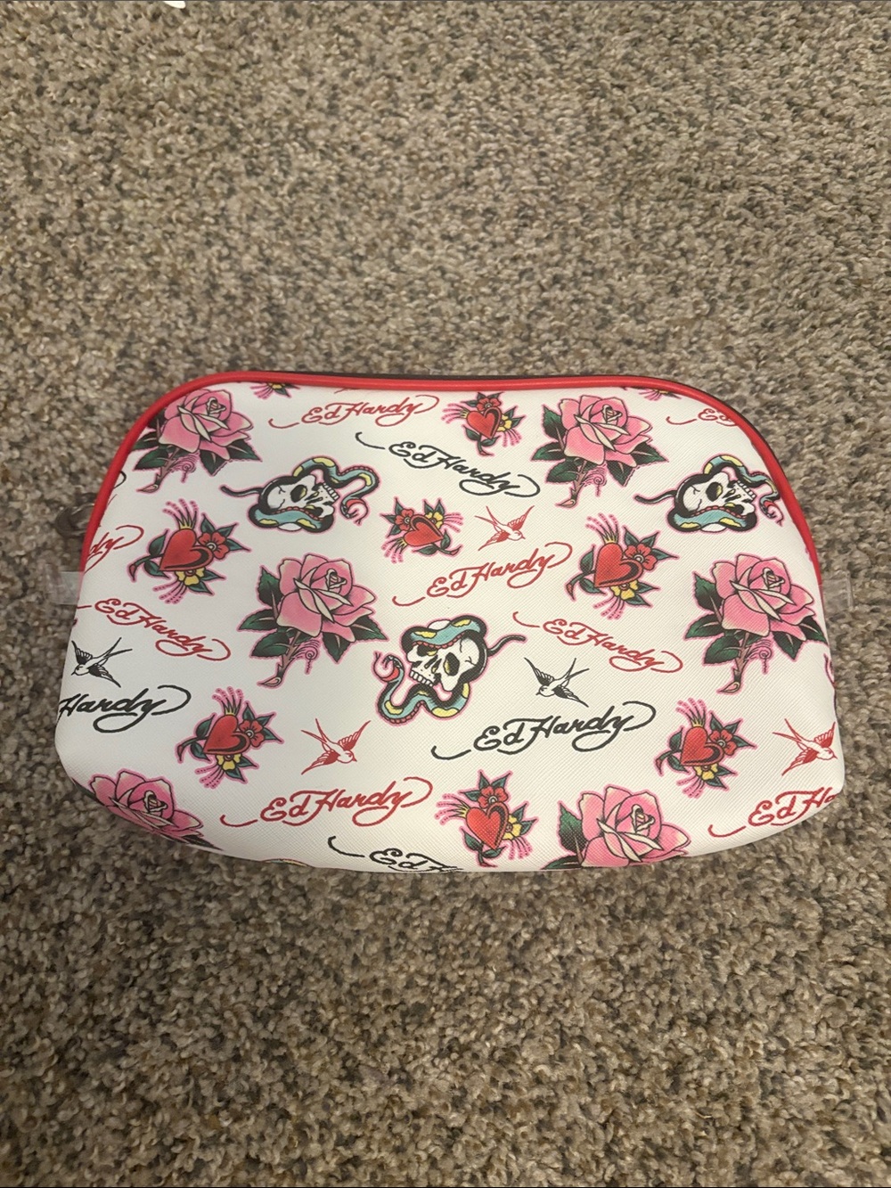 Ed Hardy White Cosmetic Pouch with Pink Rose & Red Trim